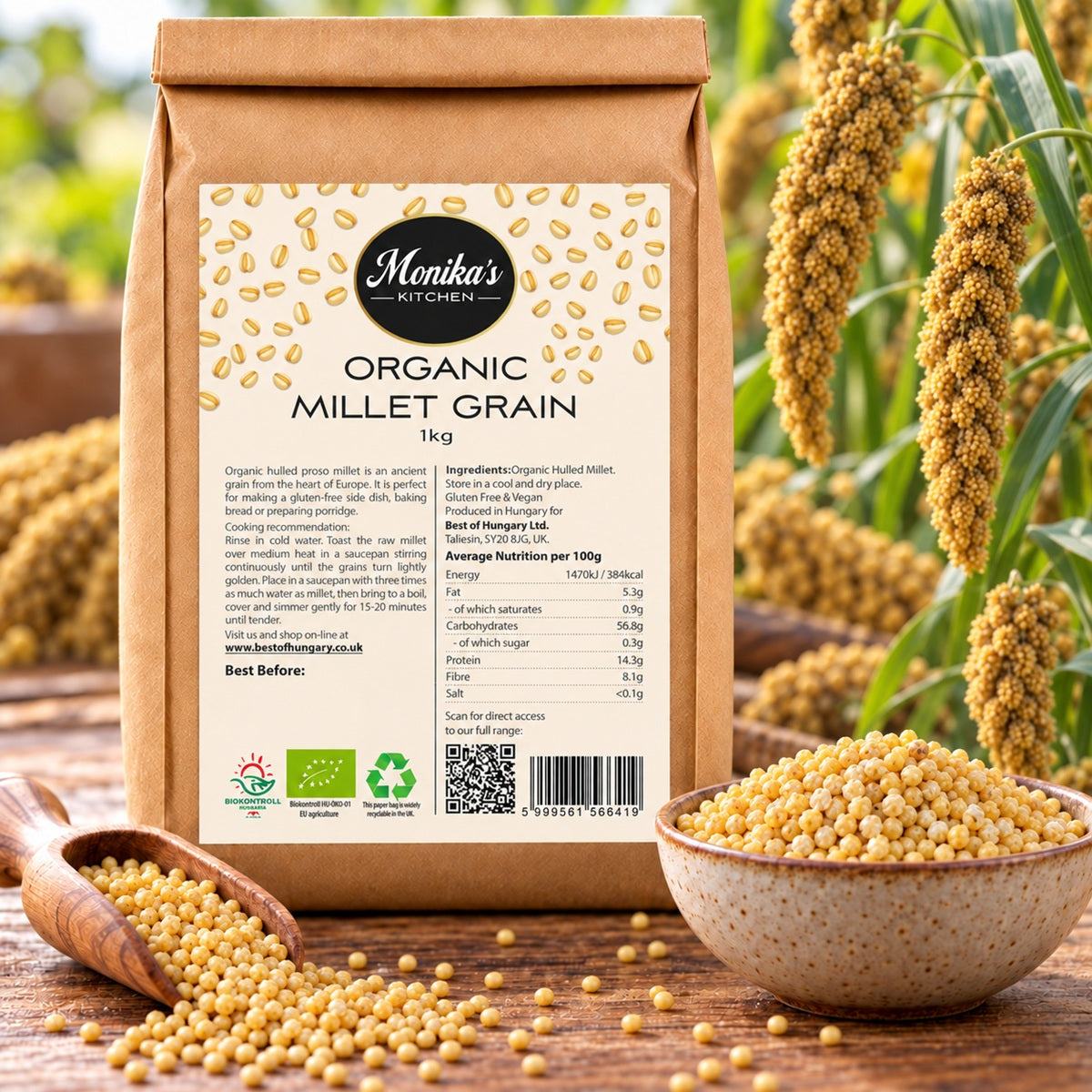A bag of Monika's Kitchen Organic Millet Grain with a bowl of hulled yellow millet, a gluten-free ancient grain.