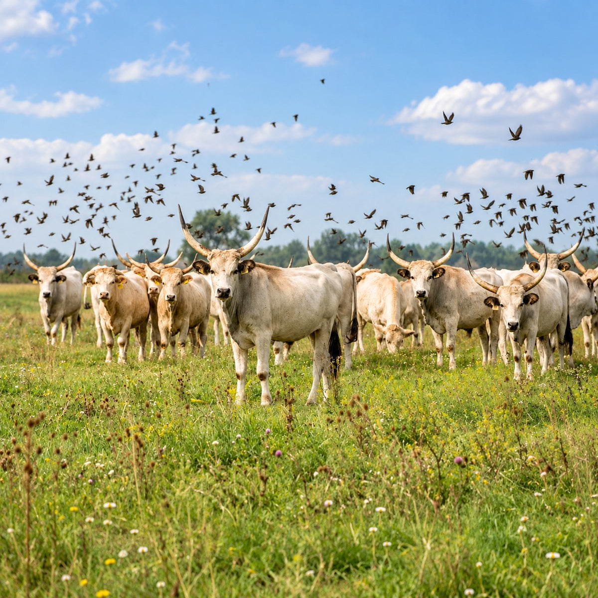 Hungarian Grey Cattle grazing freely on natural grassland at Szomor Farm on the Hungarian Great Plain.