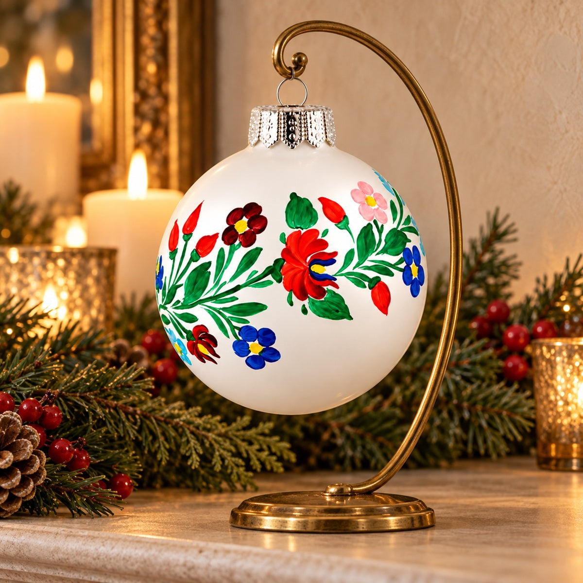 A Hungarian Christmas Bauble with hand-painted Kalocsai folk-art floral motifs hangs from a brass stand.
