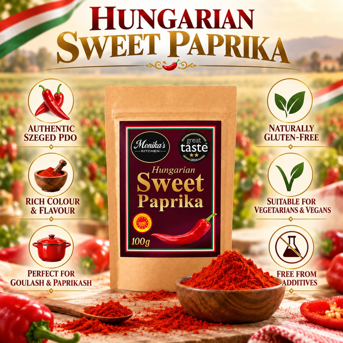An infographic about Hungarian Szeged Sweet Paprika, a PDO paprika powder and a versatile mild, unsmoked spice.