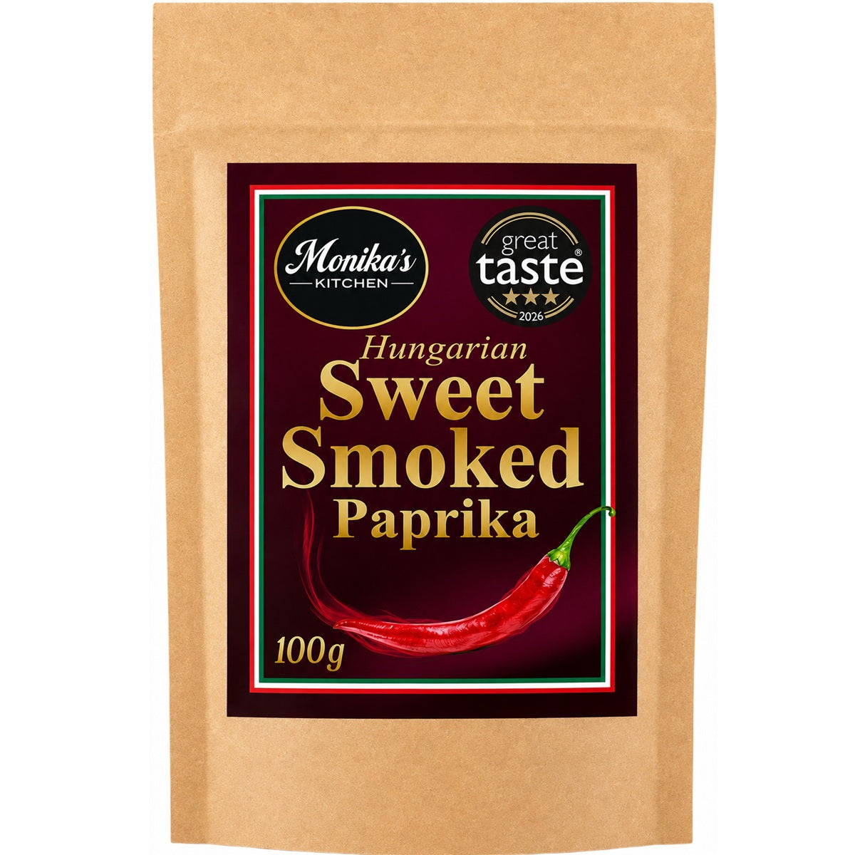 A pack of Hungarian sweet smoked paprika powder, ground from beechwood-smoked red peppers.