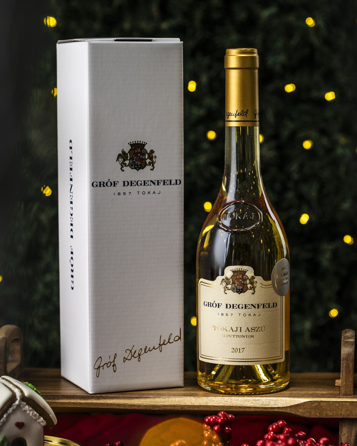 A bottle of Tokaji sweet wine from Hungary with a gift box for Christmas.