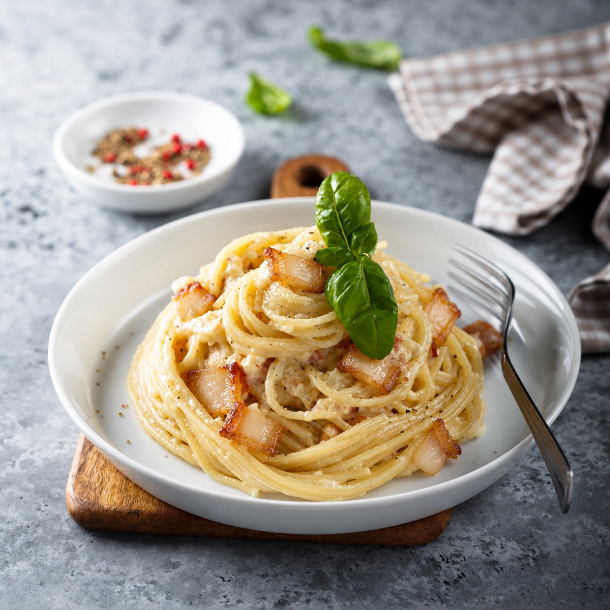 Plate of pasta Carbonara with Iberico bacon and garnished with basil.