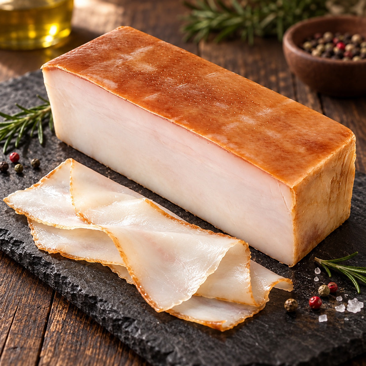 A block of acorn-fed Ibérico bacon: pork tocino made from cured, beechwood-smoked fatback, served on a slate board with wafer-thin slices.