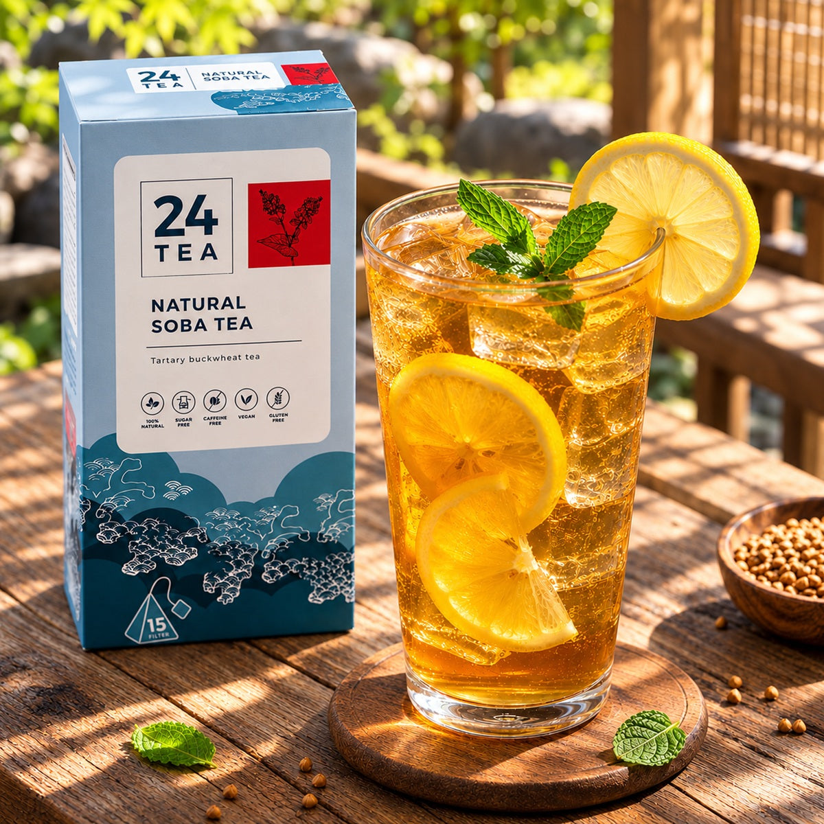 Glass of iced soba tea with lemon slices and mint leaves next to a box of soba tea bags on a wooden surface.