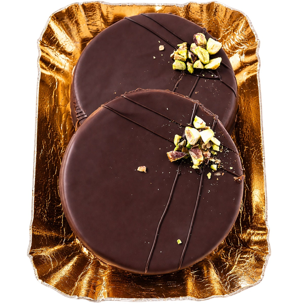 Ischler cookies, Austrian sandwich biscuits filled with apricot jam, dipped in dark chocolate and topped with pistachios.