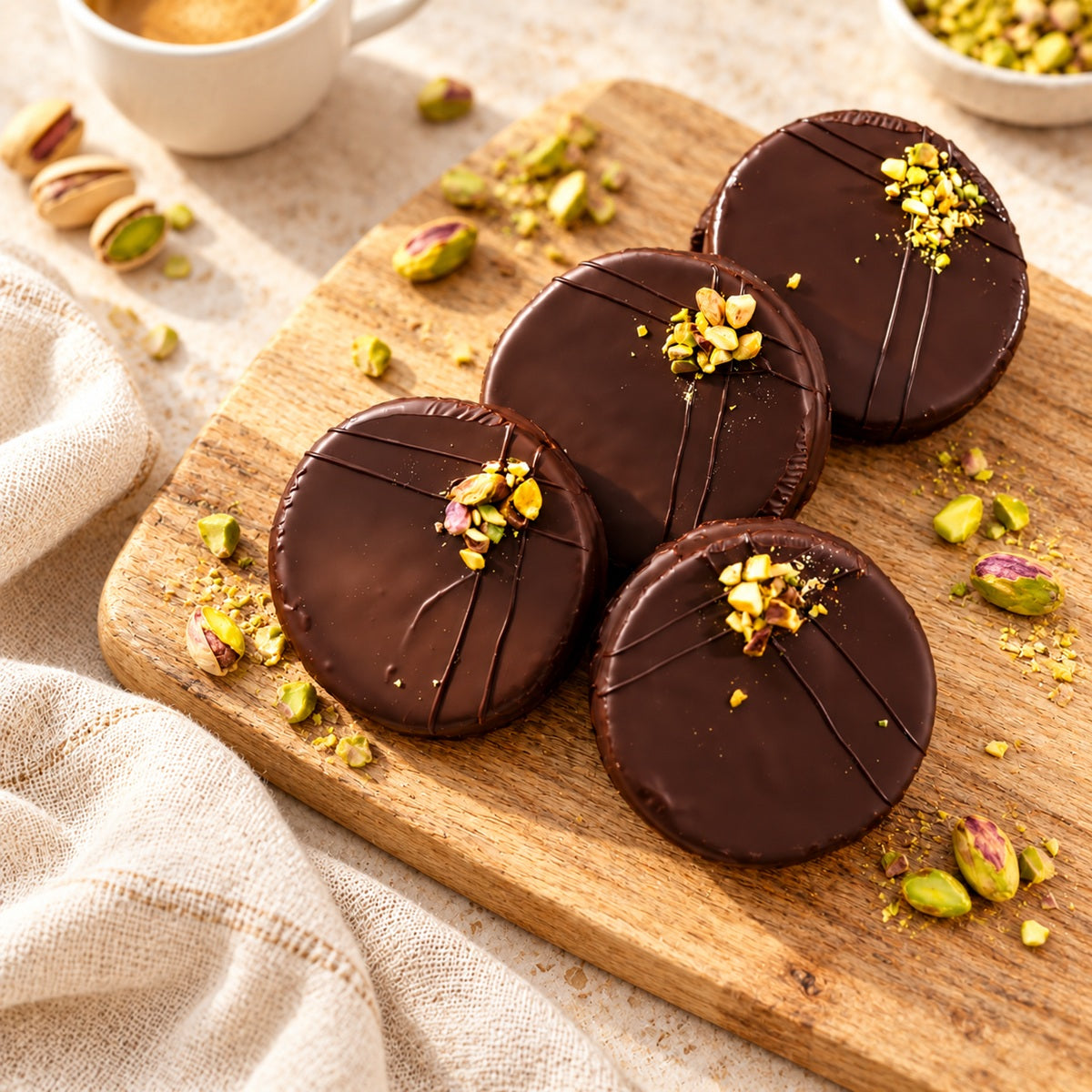 Ischler chocolate cookies on a wooden chopping board.