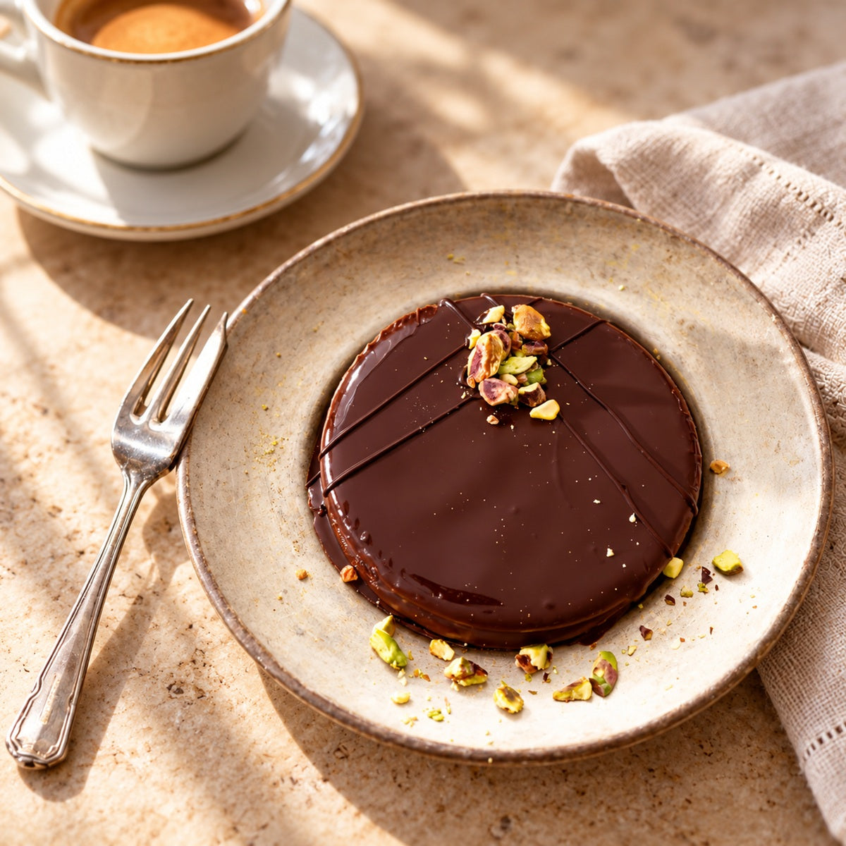 An Ischler chocolate cookie with pistachios on a plate.