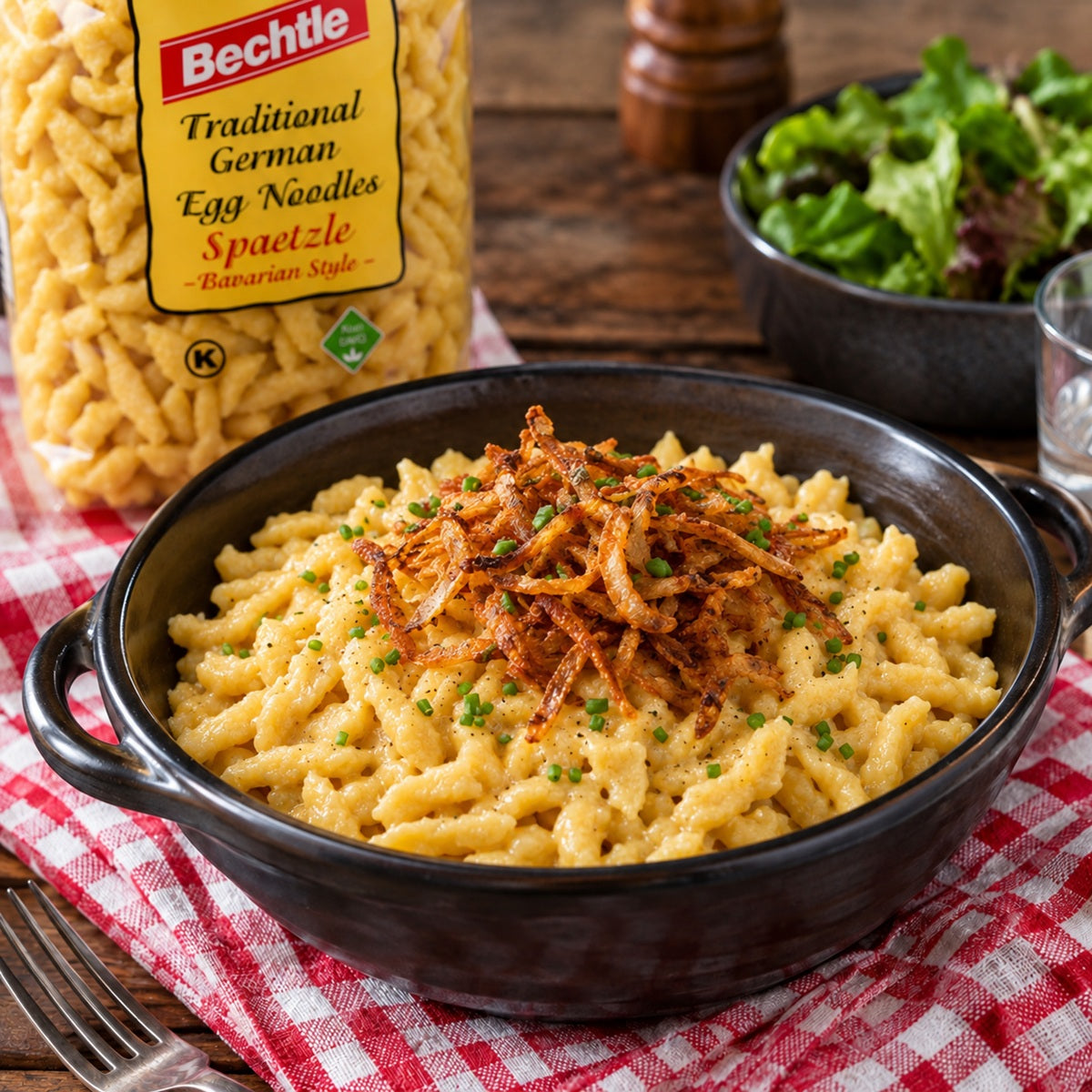 A bowl of Käsespätzle, a traditional German cheese spaetzle recipe served with crispy fried onions and chives.
