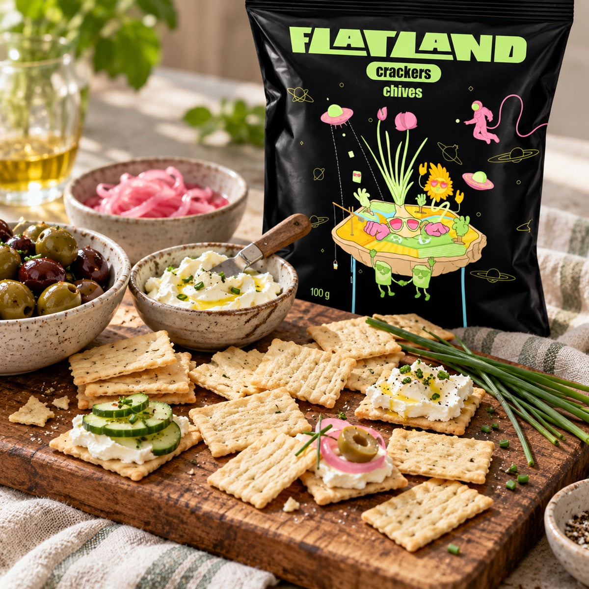 A keto grazing board with olives, pickled onion, cucumber, whipped ricotta cheese and Flatland Chive Crackers.