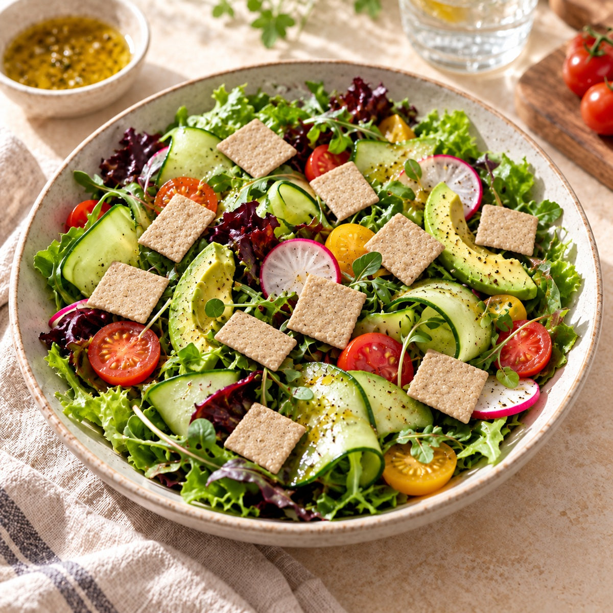 A bowl of fresh green salad with cucumber, avocado, radishes, tomatoes, mixed greens, and keto cheese crackers.