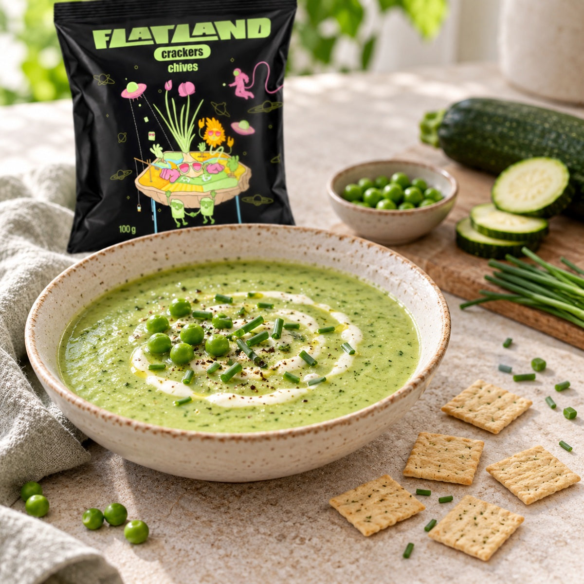 A bowl of green keto courgette soup topped with cream, chives, and peas, served with Flatland Keto Chive Crackers.