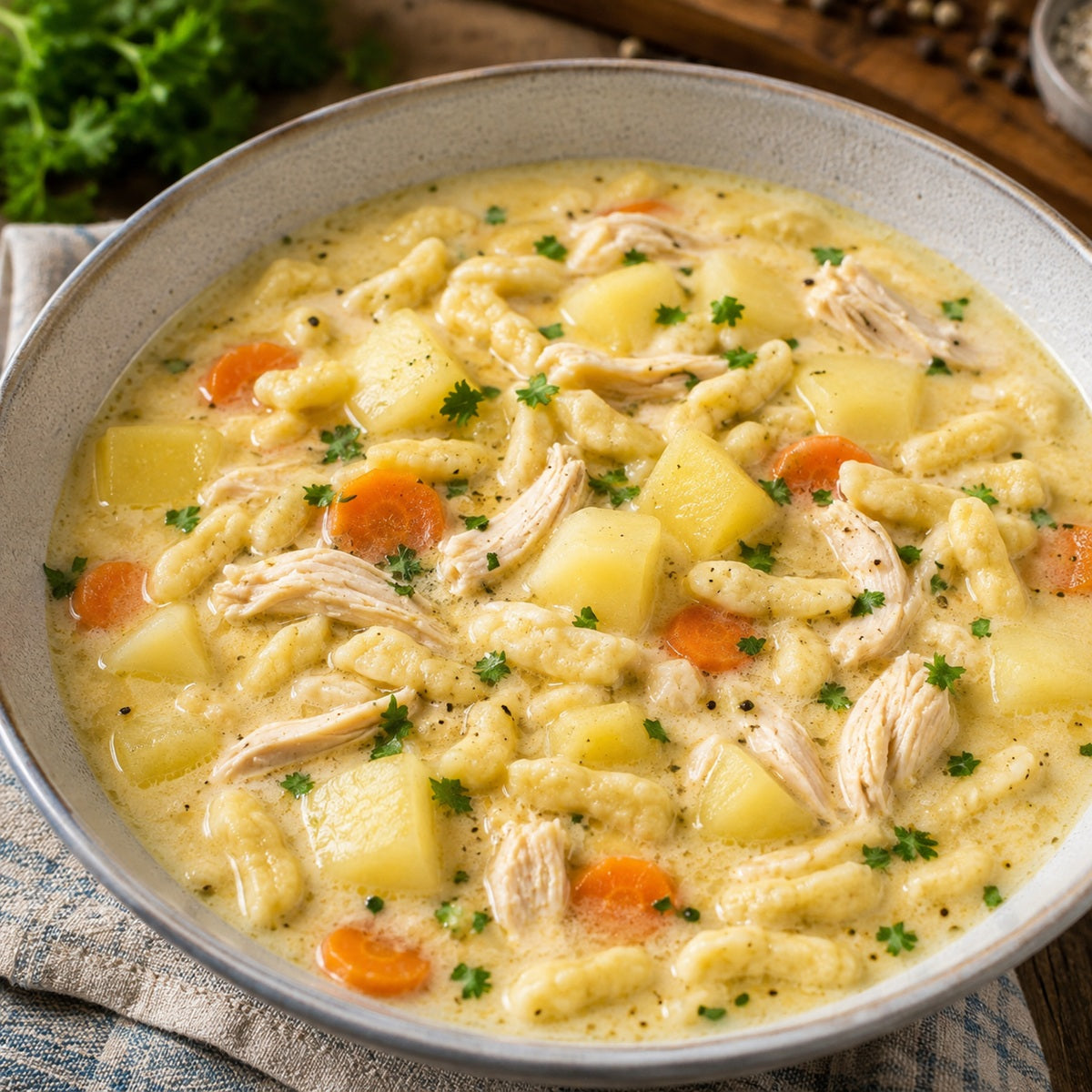 Bowl of creamy knoephla soup with chicken, potatoes, carrots and knoepfle noodles.