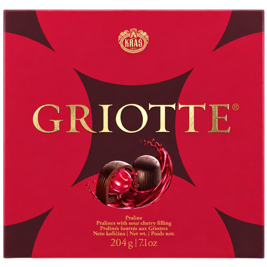 Kraš Griotte, Croatian dark chocolate pralines with sour cherries and a liquid alcohol centre in a chocolate gift box.
