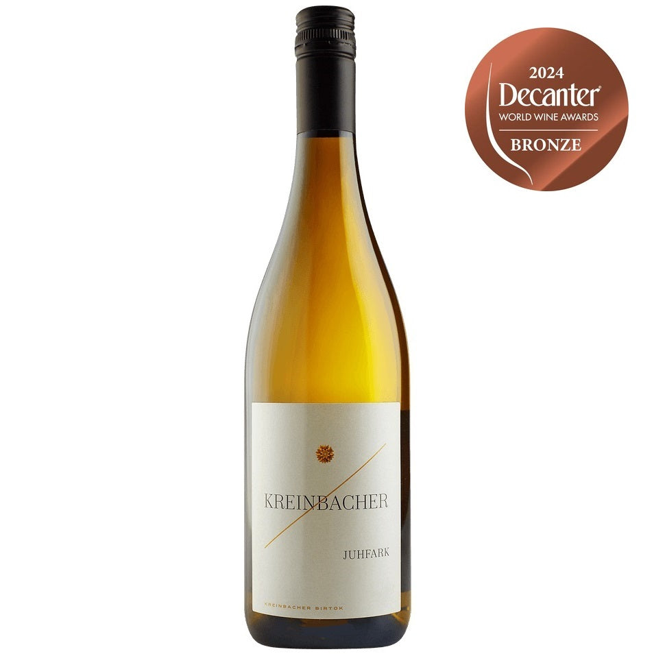 A bottle of Somlói Juhfark is a volcanic white wine from a native Hungarian Sheep's Tail grape by Kreinbacher Birtok.