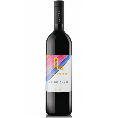 A bottle of Hungarian dry red wine from Lajver Winery.