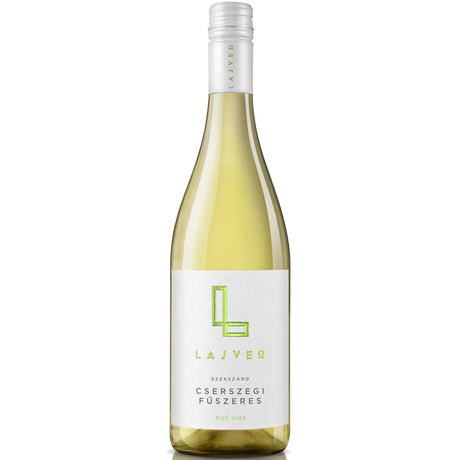A bottle of Cserszegi Fűszeres bor, a Hungarian dry white wine by Lajver Winery.
