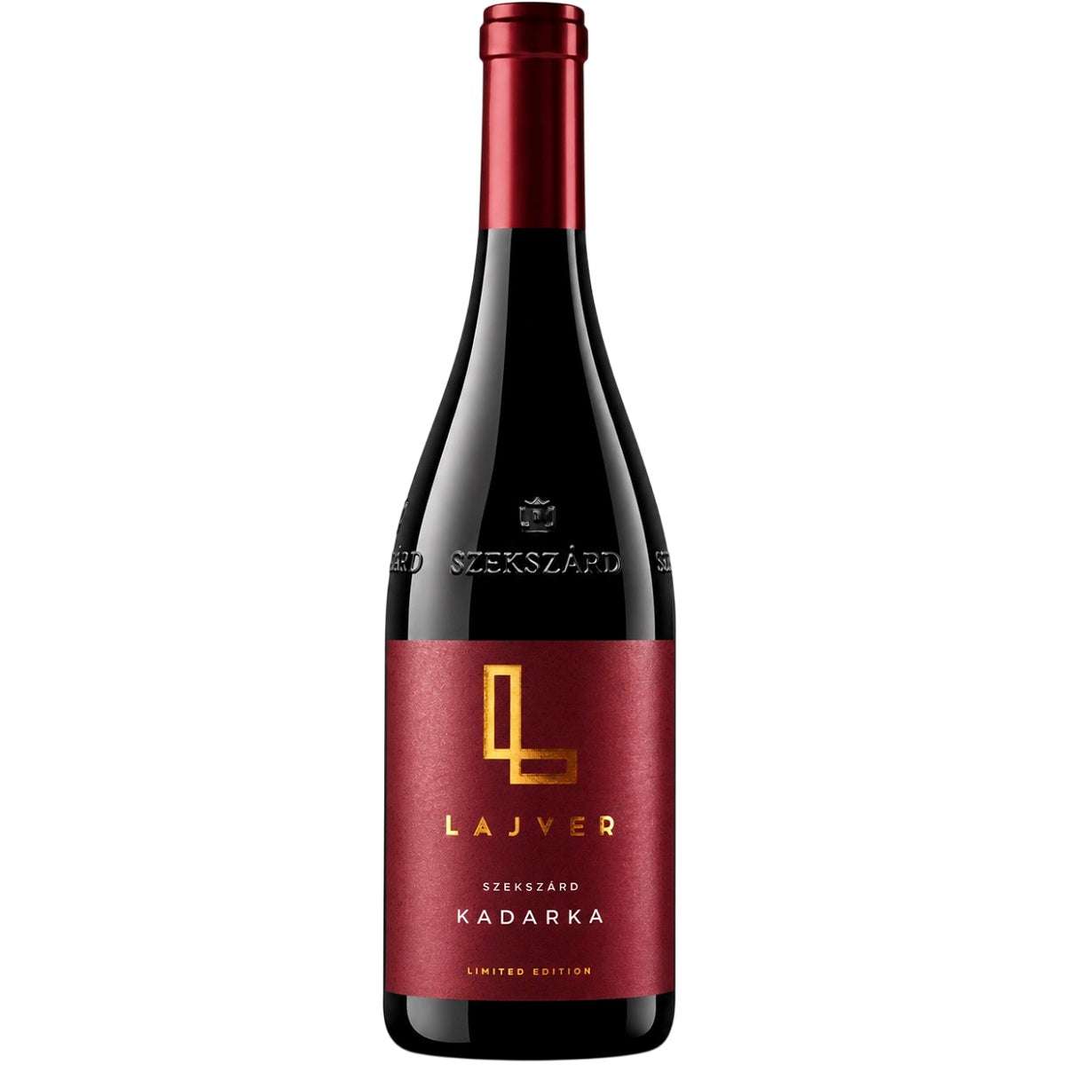 A bottle of Szekszardi Kadarka Hungarian dry red wine from Lajver Winery.