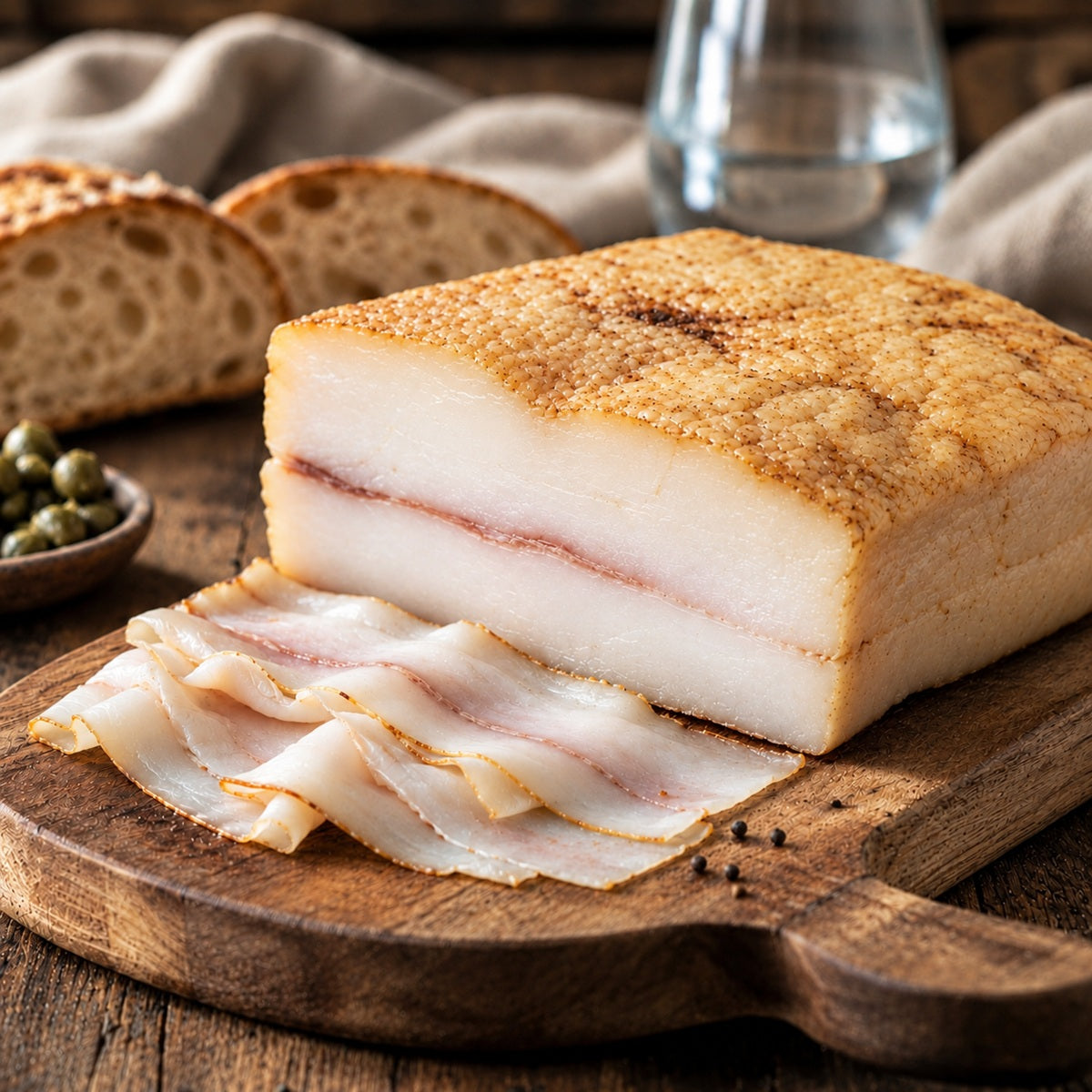 Sliced cured lardo on a wooden board with bread and olives in the background.