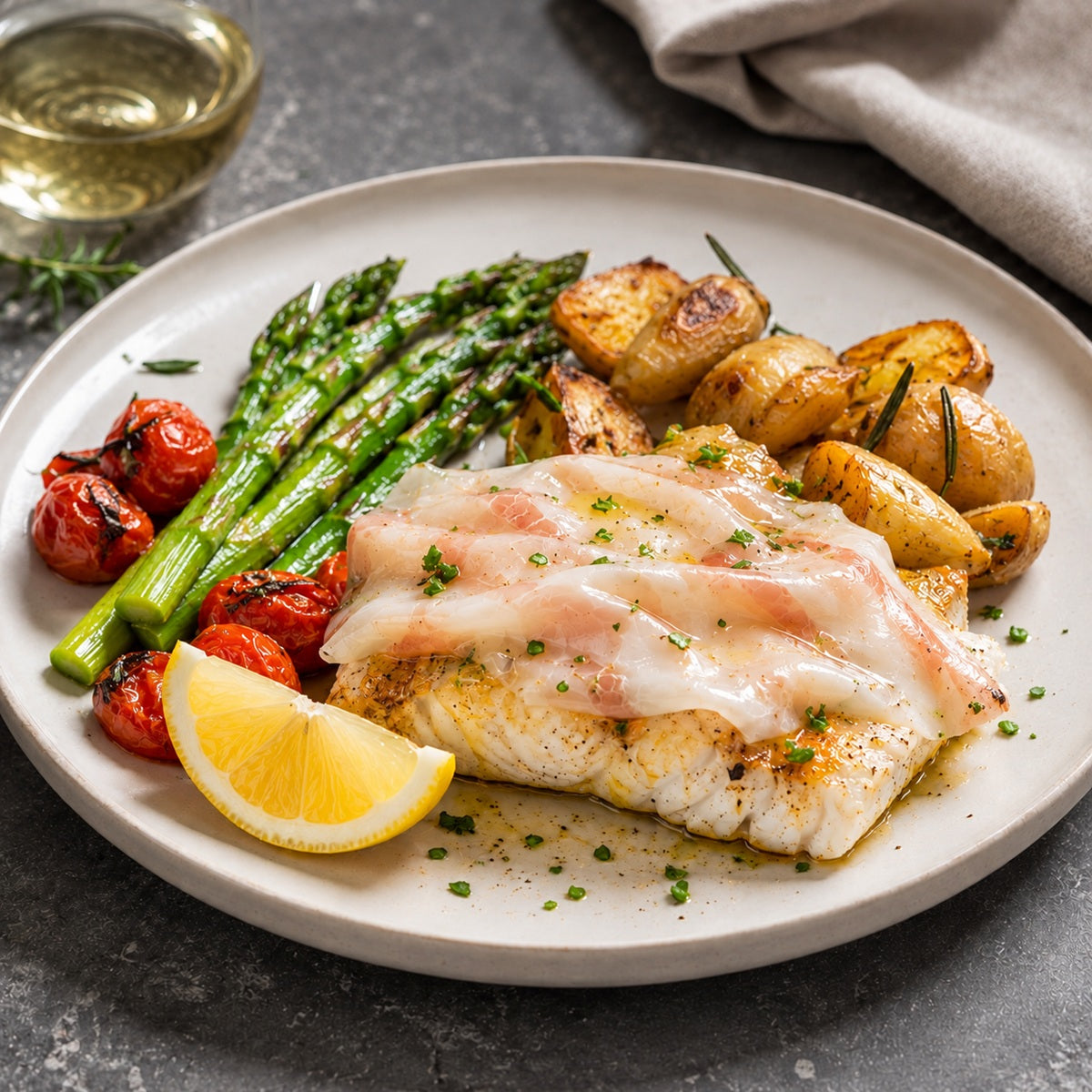 Plated dish with roasted white fish covered in lardo slices, asparagus, potatoes, and tomatoes on a grey surface.