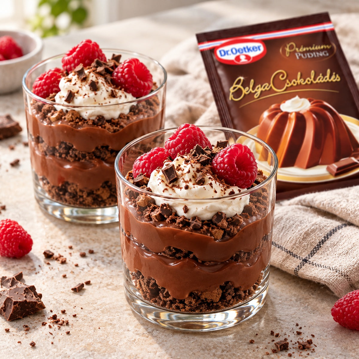 Two-layered Dr Oetker Chocolate Pudding dessert glasses topped with whipped cream and fresh raspberries.