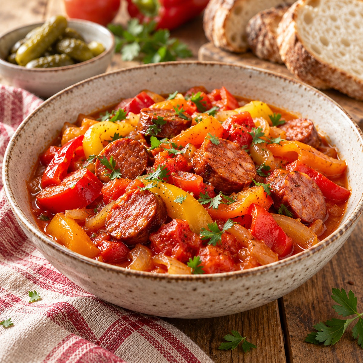 Bowl of lecso Hungarian vegetable stew with slices of smoked Paraszt Kolbász.