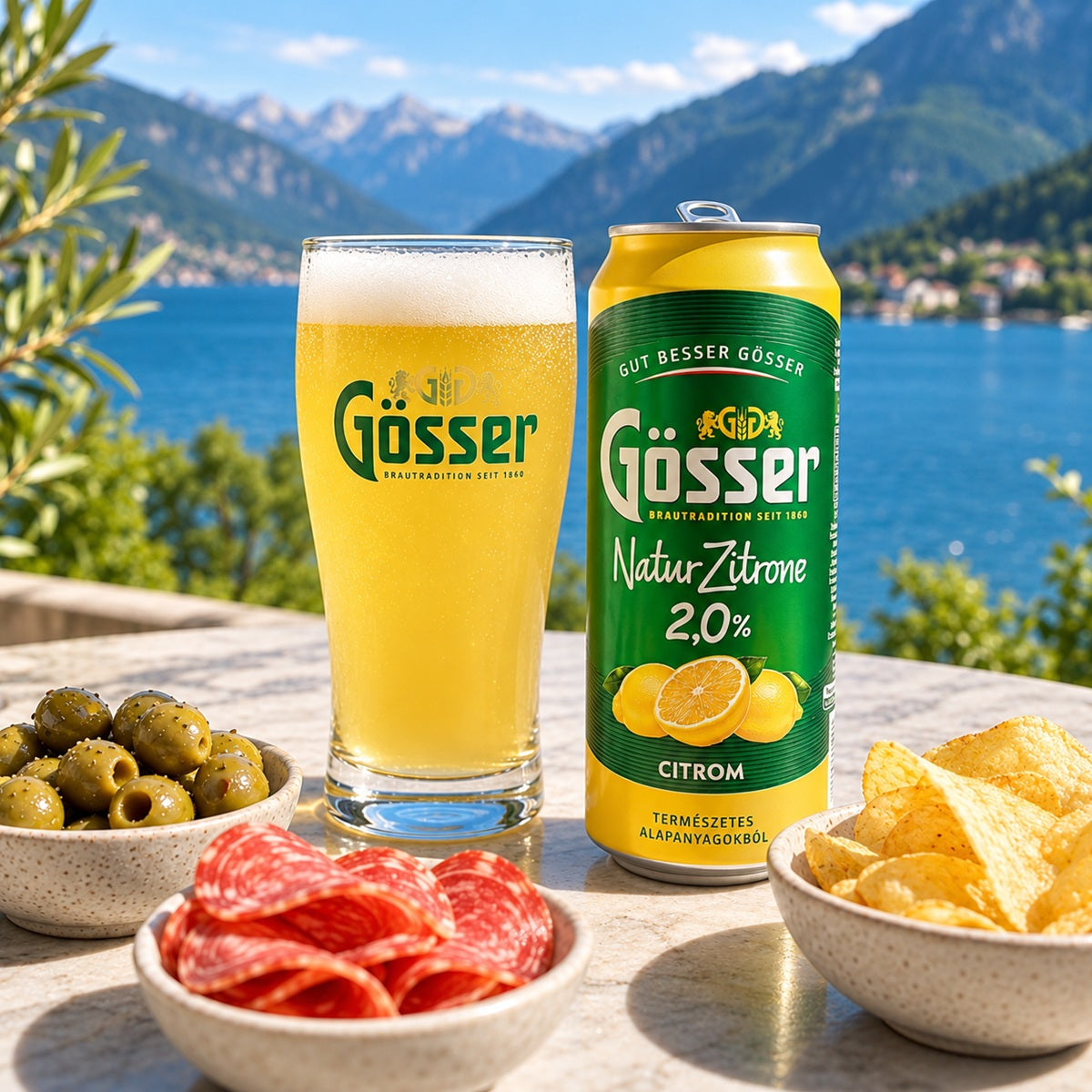 Gösser Lemon beer can and glass with snacks on a scenic background.