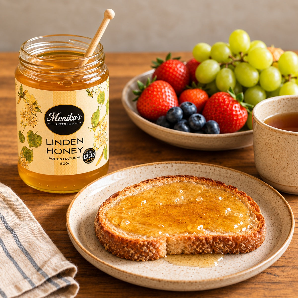 Jar of Monika's Linden Honey with toast and fruit on a wooden table