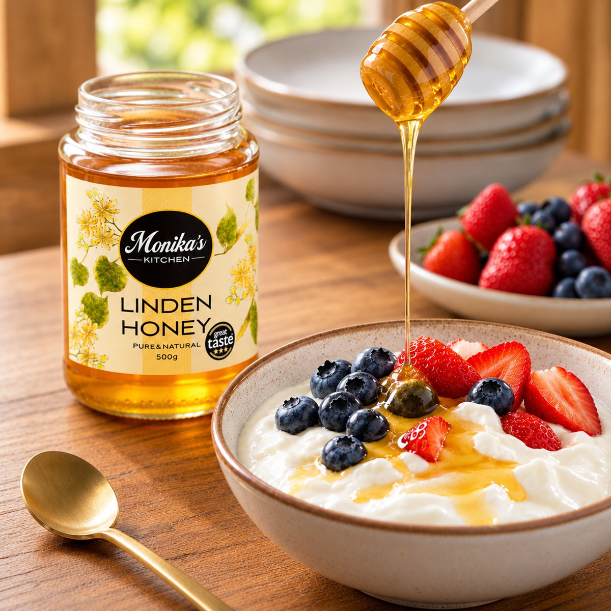 Bowl of yoghurt with berries and honey being drizzled, Monika's Kitchen Linden Honey jar in the background.
