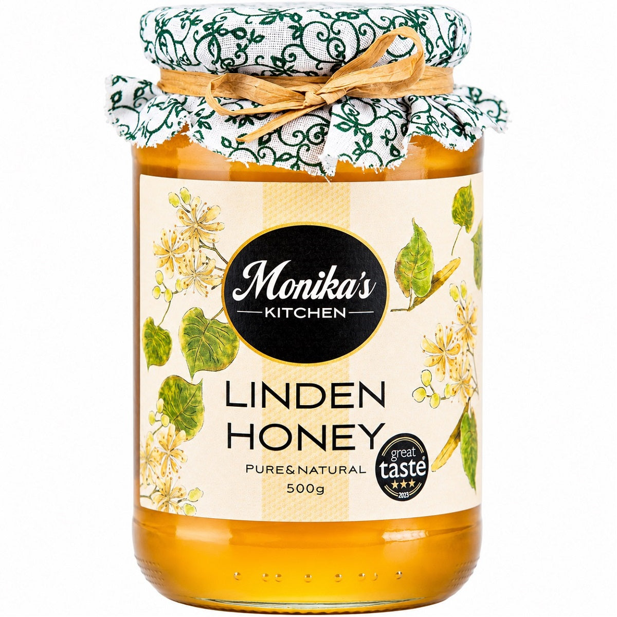 A jar of raw linden honey, this is a pure monofloral honey harvested from lime blossom flowers.