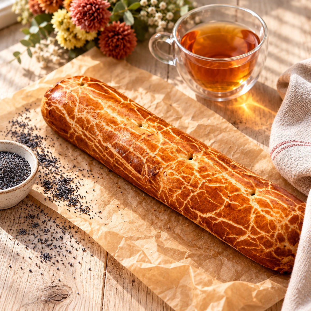 A makos beigli, a Hungarian poppy-seed roll, on brown paper, with a cup of tea and flowers in the background.