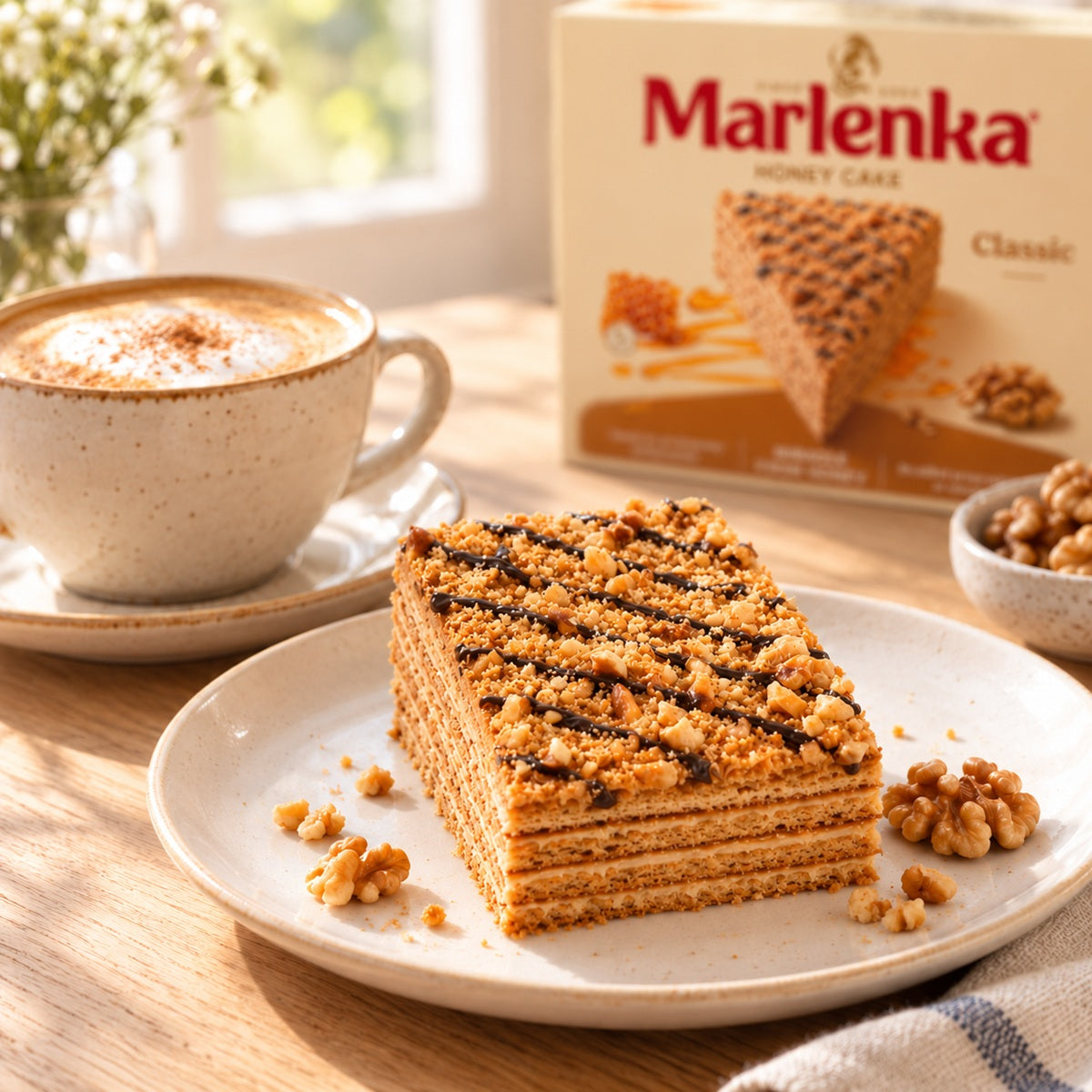 A slice of Marlenka Honey Cake on a plate, with a cup of coffee.