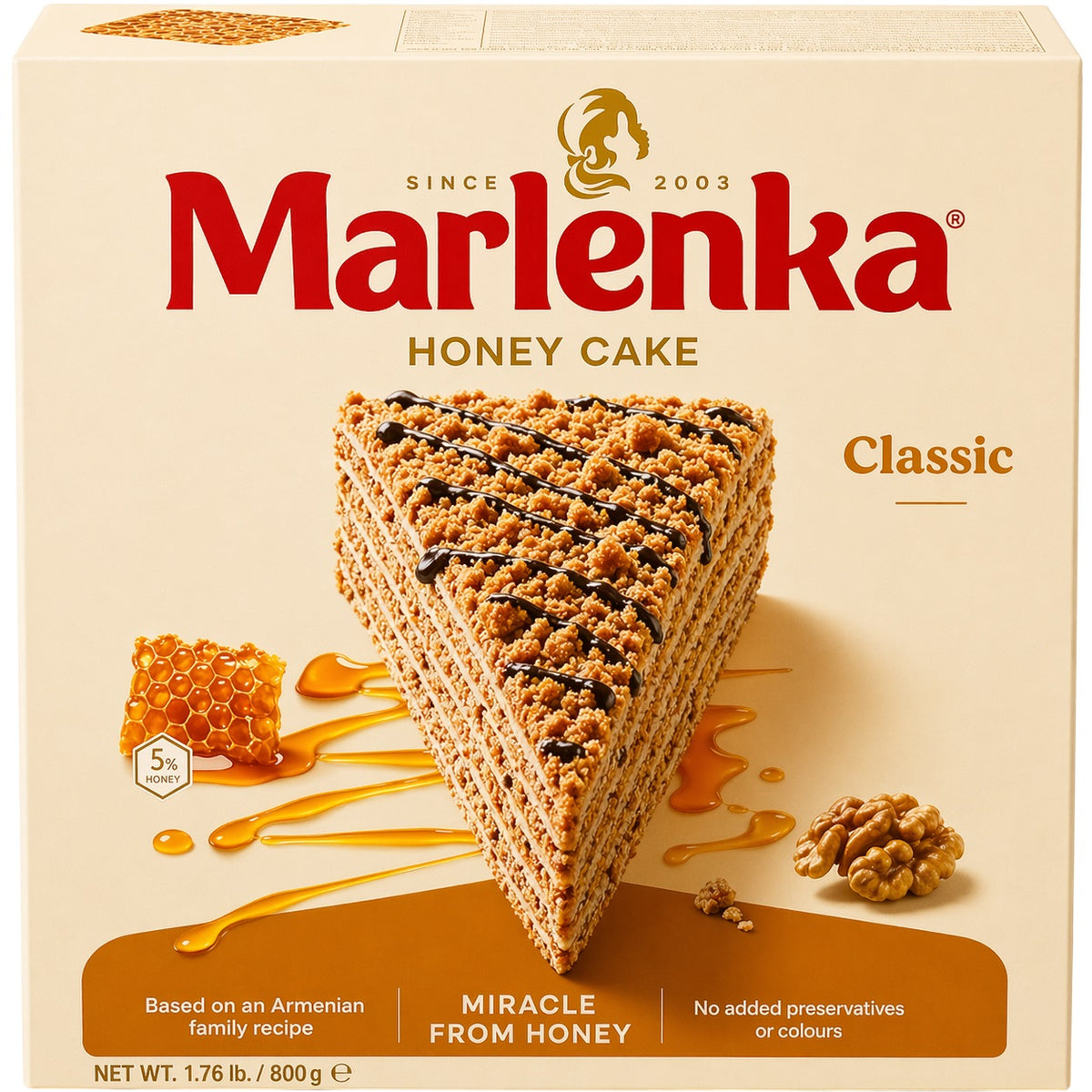 Marlenka Honey Cake, a traditional Armenian-style layered dessert of honey pastry, walnuts and a cocoa decoration.