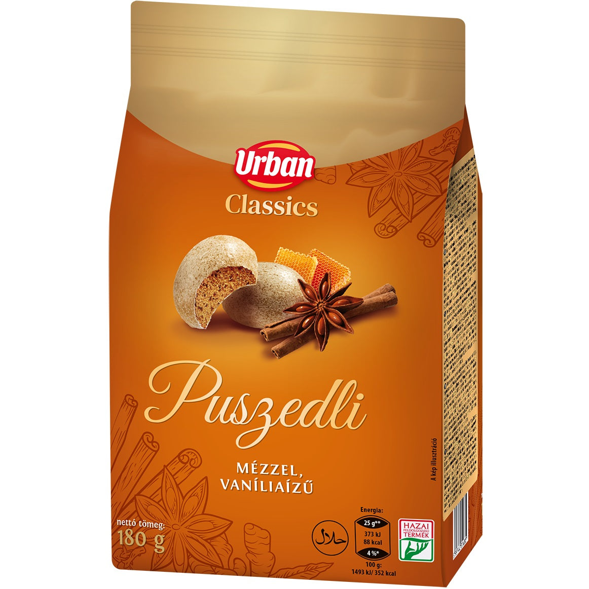 A packet of mezes puszedli Hungarian gingerbread biscuits.