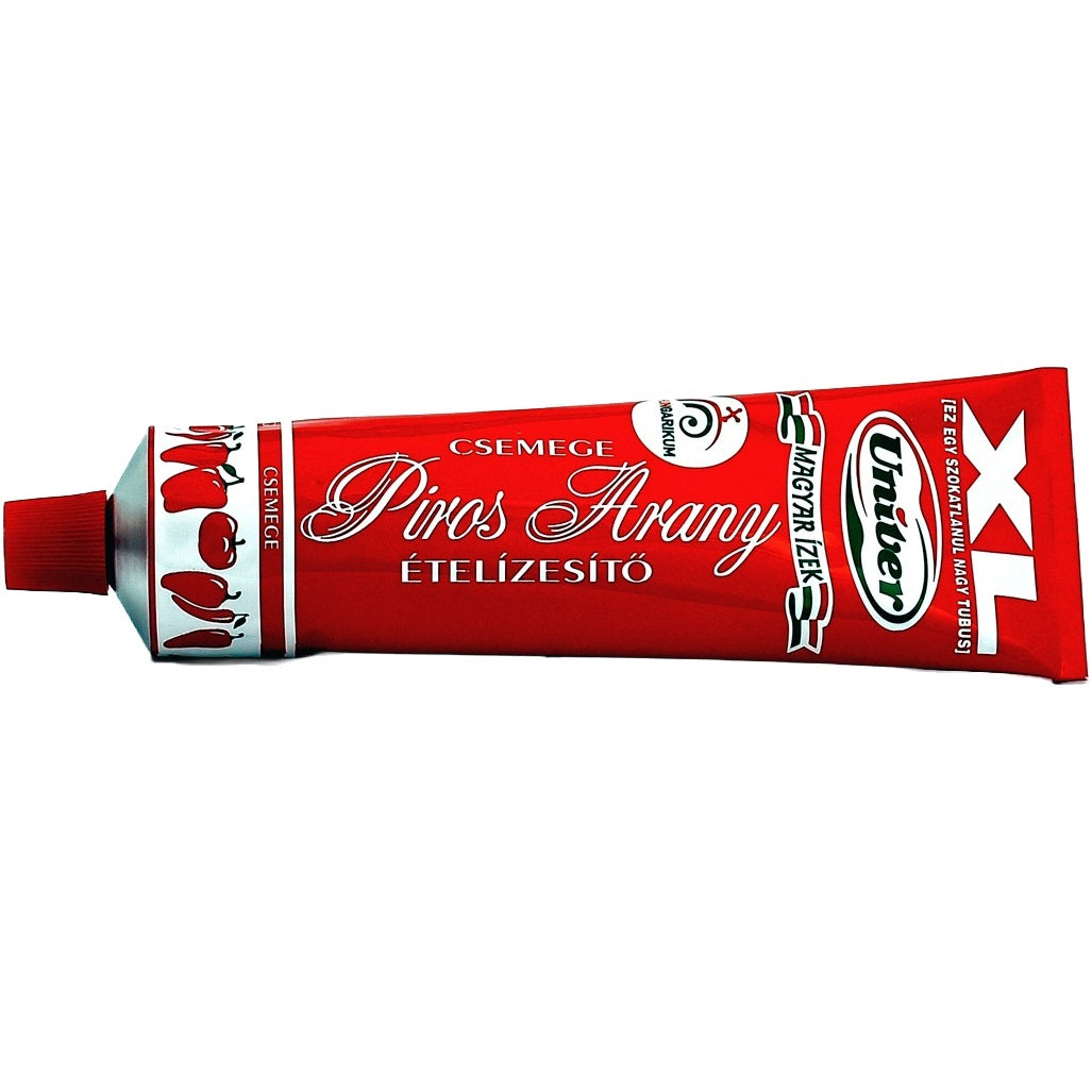 A tube of csemege Piros Arany, this is a Hungarian mild pepper paste from sweet paprika.