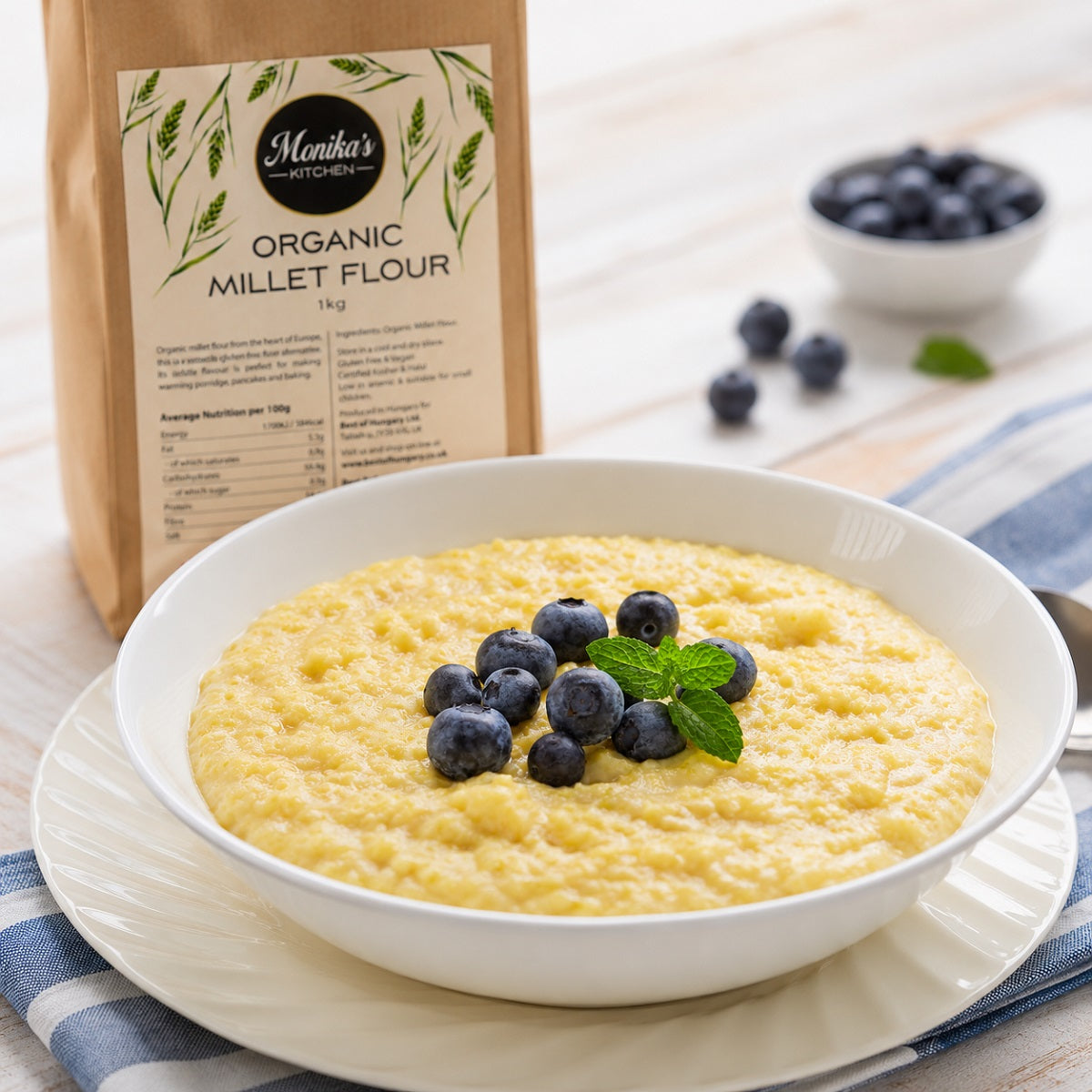 Golden millet porridge recipe made from gluten-free millet flour for a low glycaemic index meal suitable for diabetics.