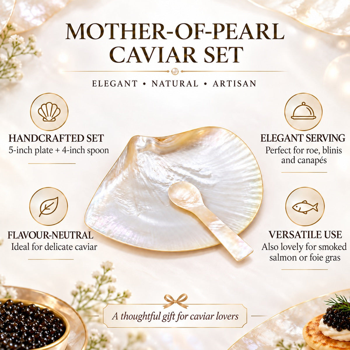 An infographic about a handcrafted Mother-of-Pearl caviar plate and spoon, an elegant set for serving gourmet food.