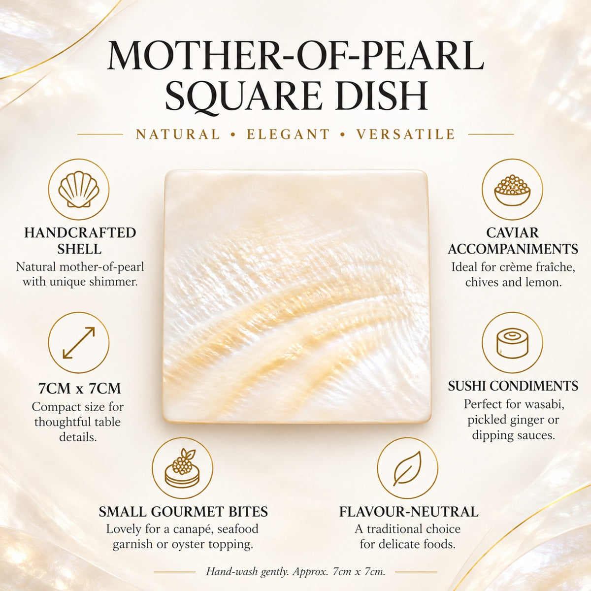 An infographic of a Mother-of-Pearl Square dish, a handcrafted tasting dish for gourmet food and condiments.