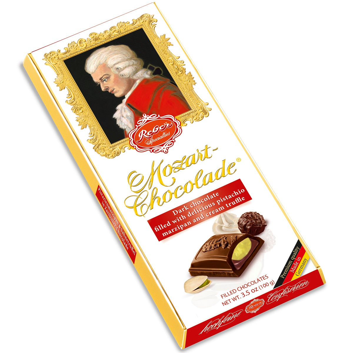 A box of Mozart dark chocolate bar with pistachio marzipan and creamy coffee truffle filling.
