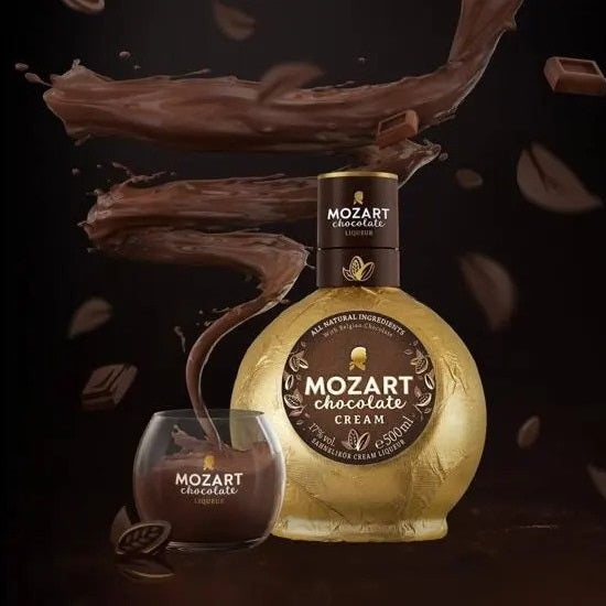A bottle of Mozart Gold chocolate liqueur made with a rich cream.