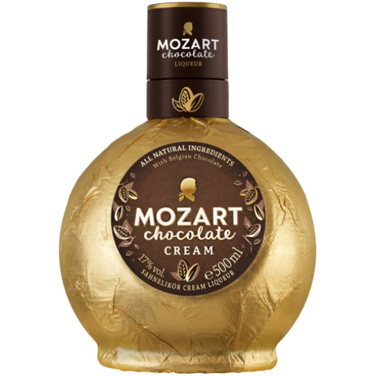 A bottle of Mozart Gold liqueur made with the finest Belgian dark chocolate.