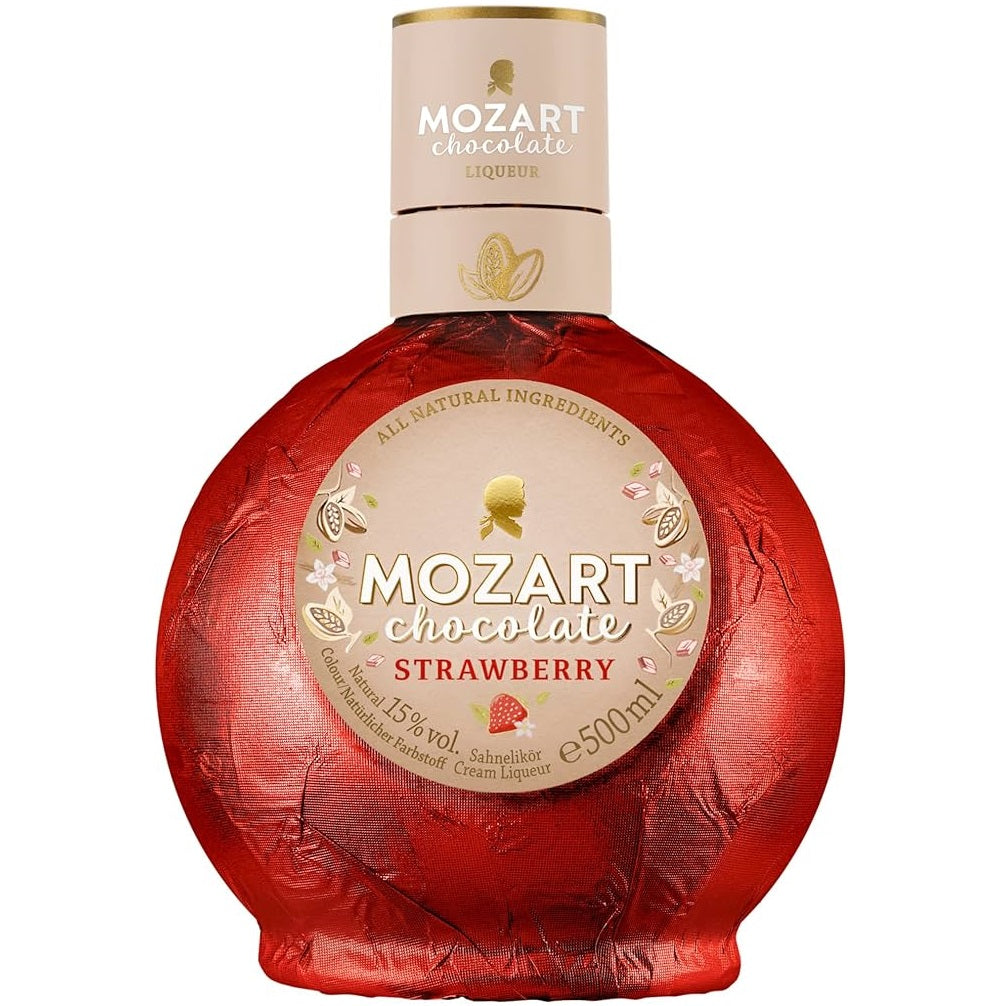 A bottle of Mozart white chocolate strawberry liqueur.