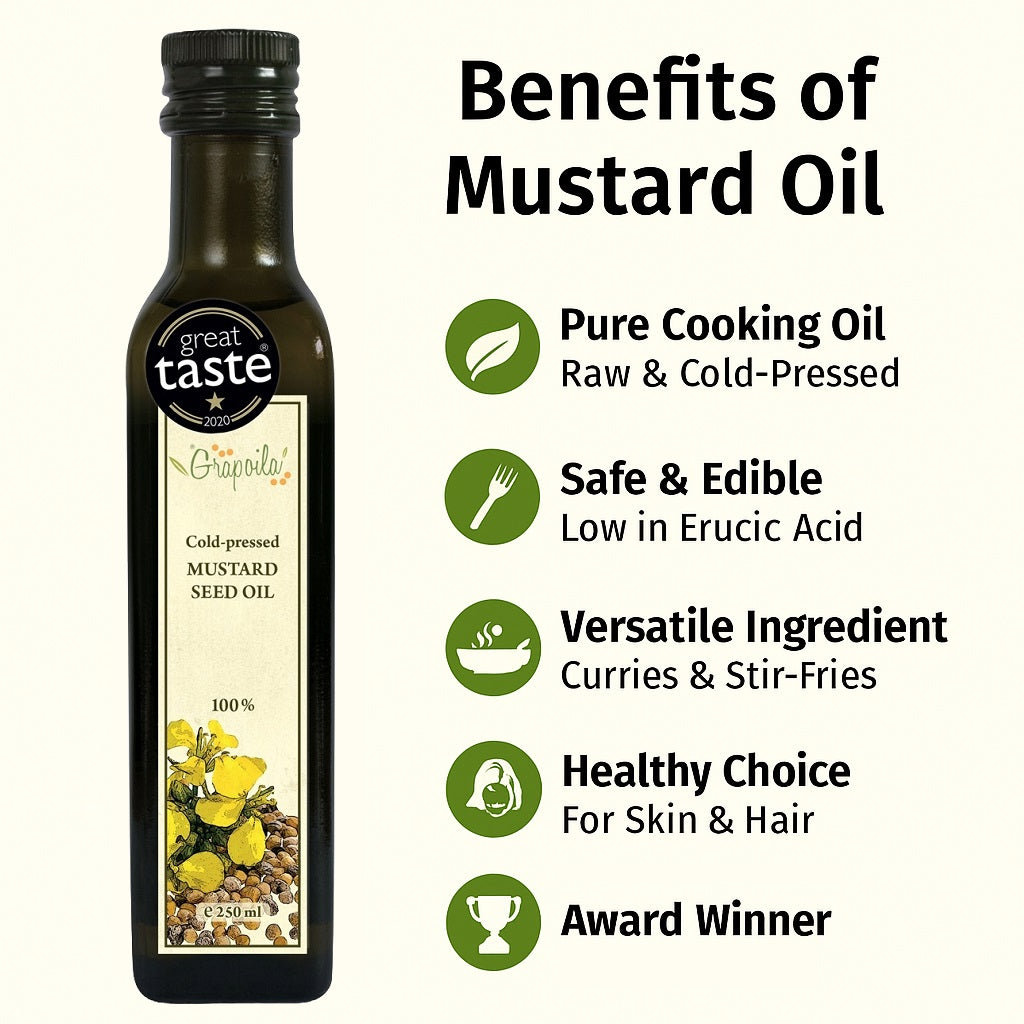 An infographic showing the health and nutritional benefits of eating and using cold pressed mustard seed oil.