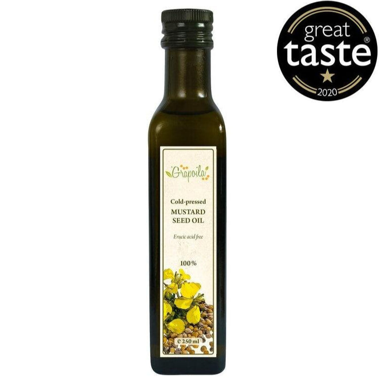 A bottle of cold-pressed mustard oil, a pure edible oil best used for cooking Indian dishes.