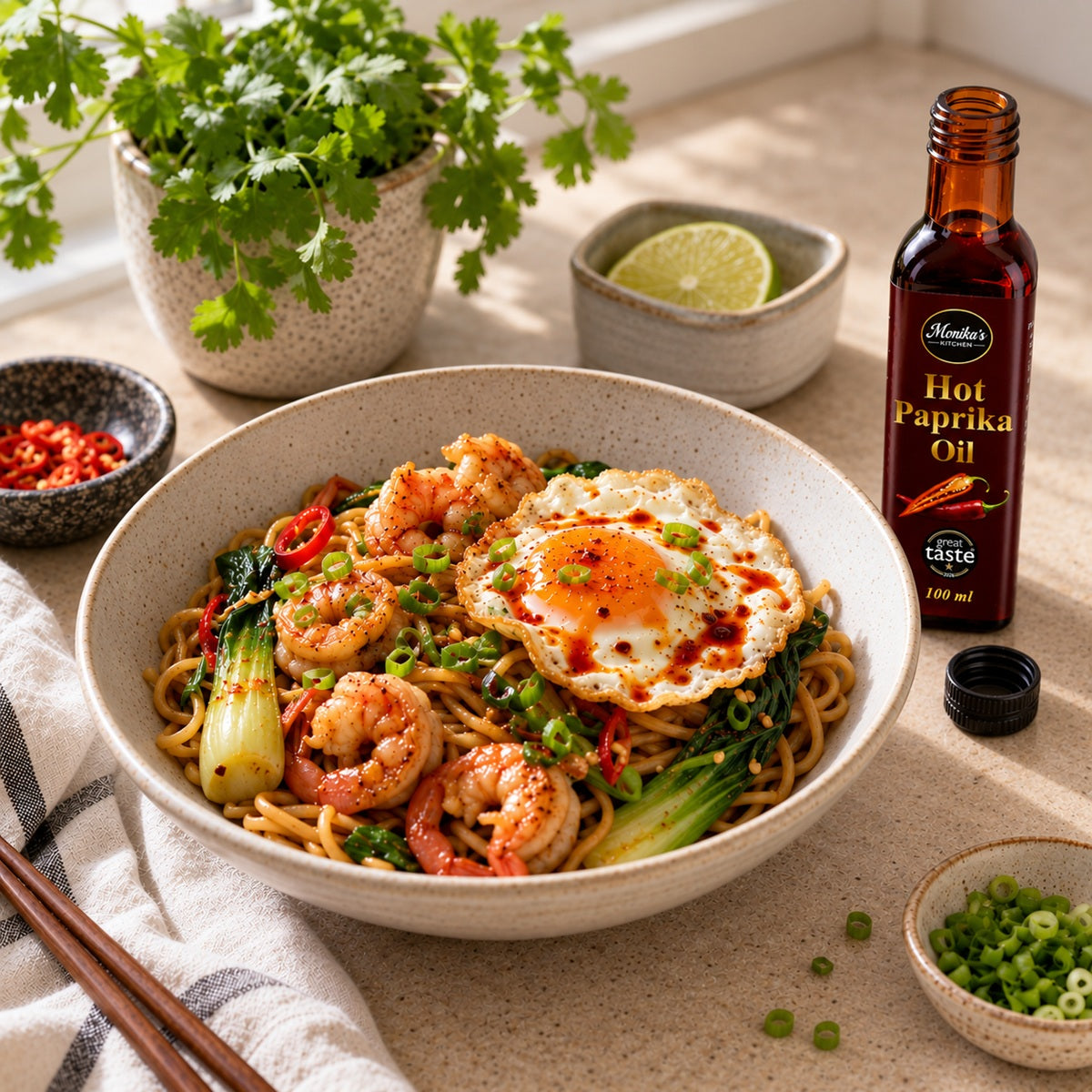 Prawn noodles with a fried egg and hot paprika oil, served beside the bottle.