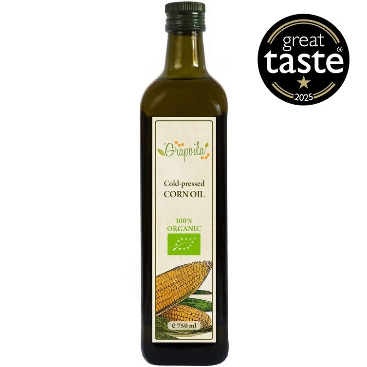 A bottle of organic corn oil, a healthy cold-pressed vegetable oil best used for cooking and frying.