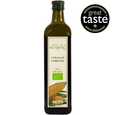 A bottle of organic corn oil, a healthy cold-pressed vegetable oil best used for cooking and frying.
