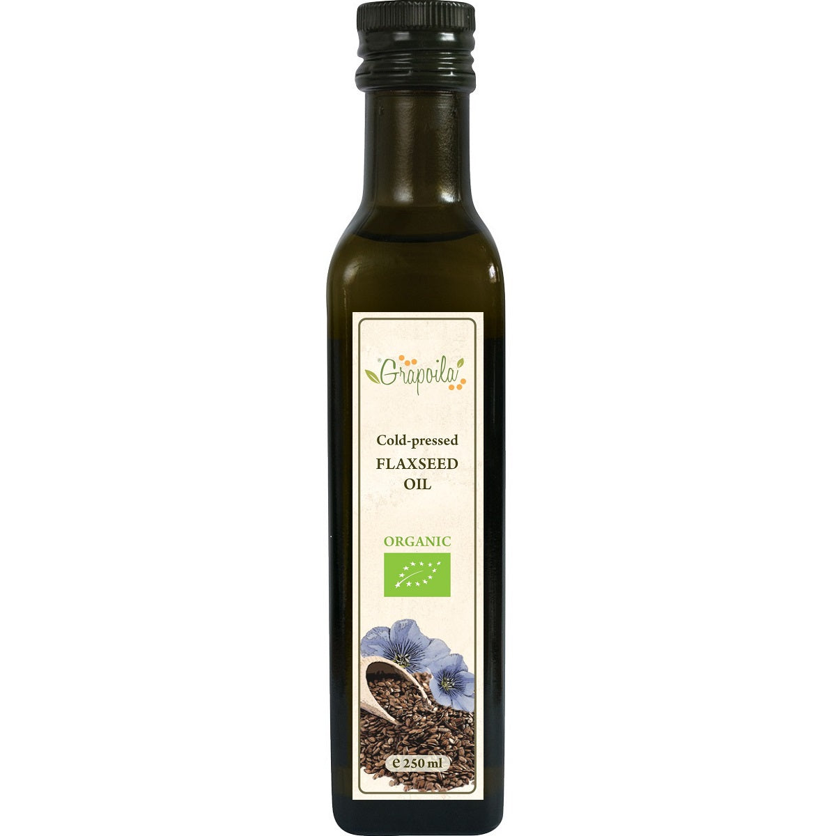 Bottle of organic cold-pressed flaxseed oil with a label on a white background