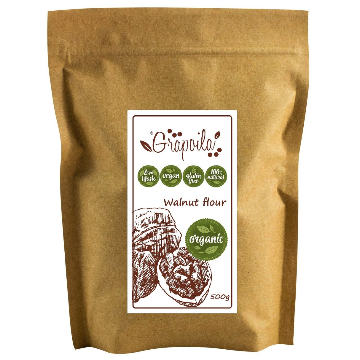 A pack of organic ground walnut flour, a gluten-free protein powder best used for baking.