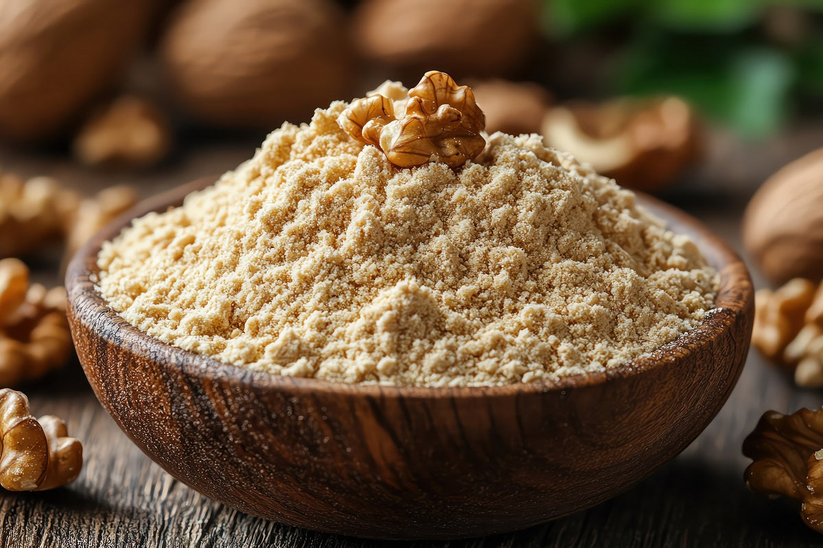 Organic ground walnut flour is a gluten-free powder rich in protein and best used for baking.